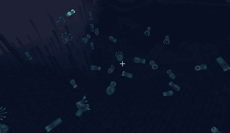 minecraft several glow squid in deep dark sea