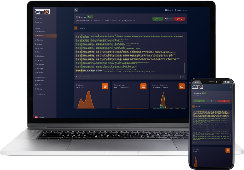 Minecraft hosting control panel displayed on a laptop and mobile device, mockup for responsive design visualization.