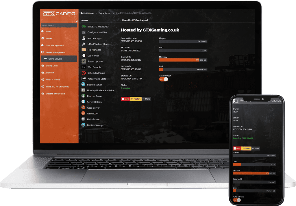 Mockup of GTX Rust hosting control panel displayed on a laptop and mobile device