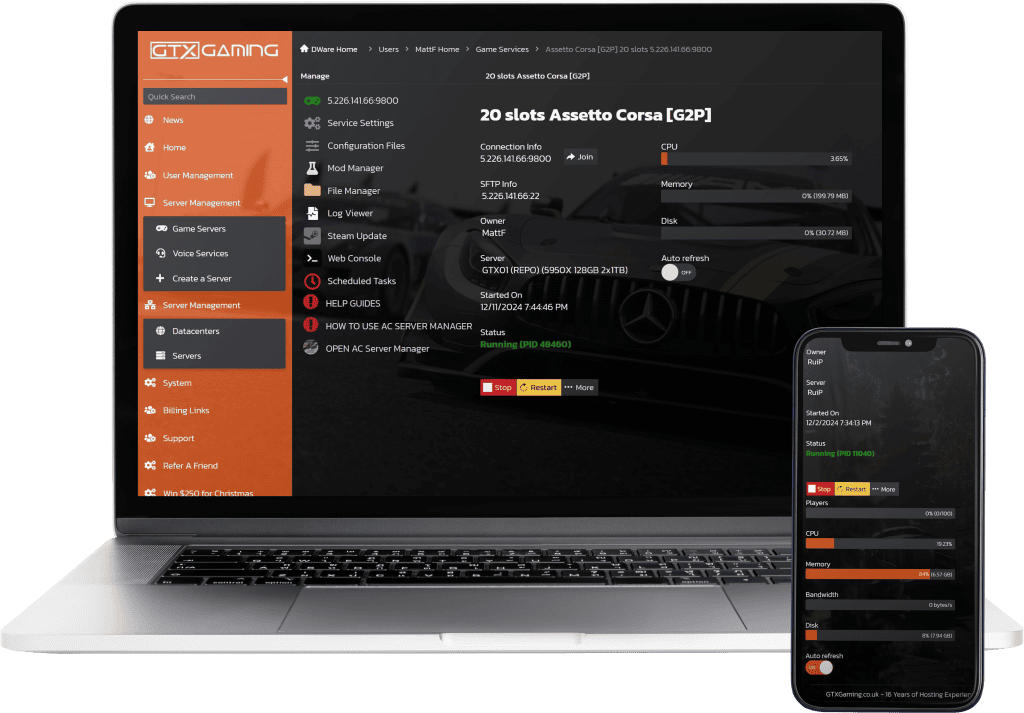 Assetto Corsa Competizione server hosting control panel mockup.