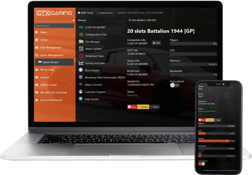 battalion 1944 hosting control panel mockup with a laptop and mobile.