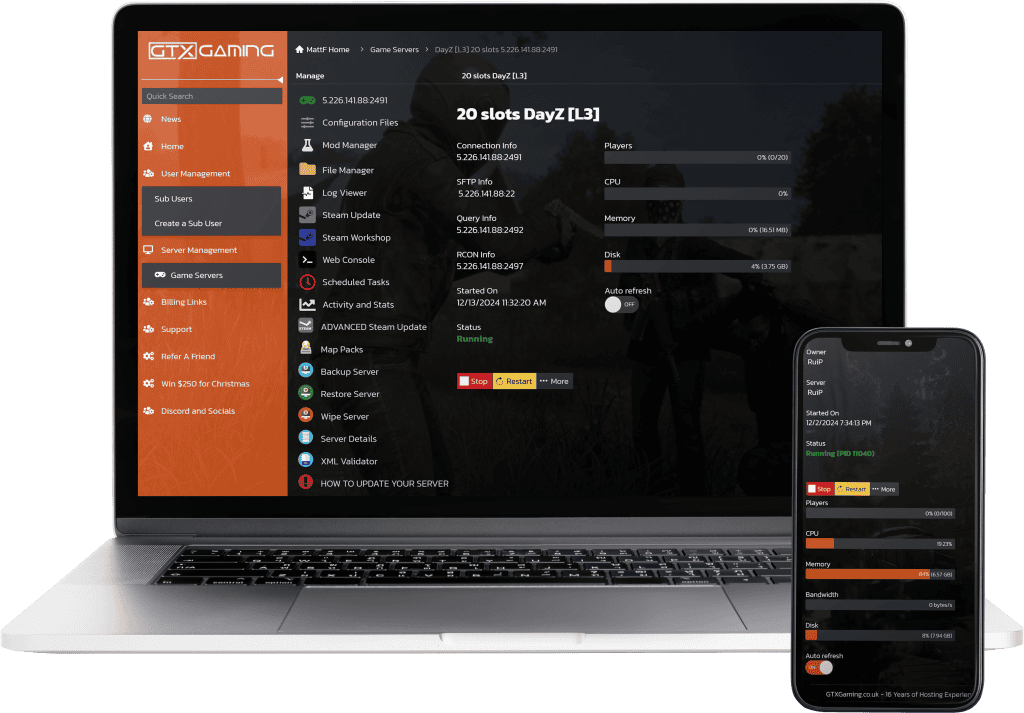 A mockup of the dayz server hosting contorl panel on mobile and laptop.