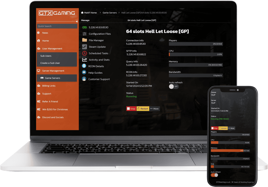 Hell Let Loose server hosting control panel mockup on laptop and mobile.