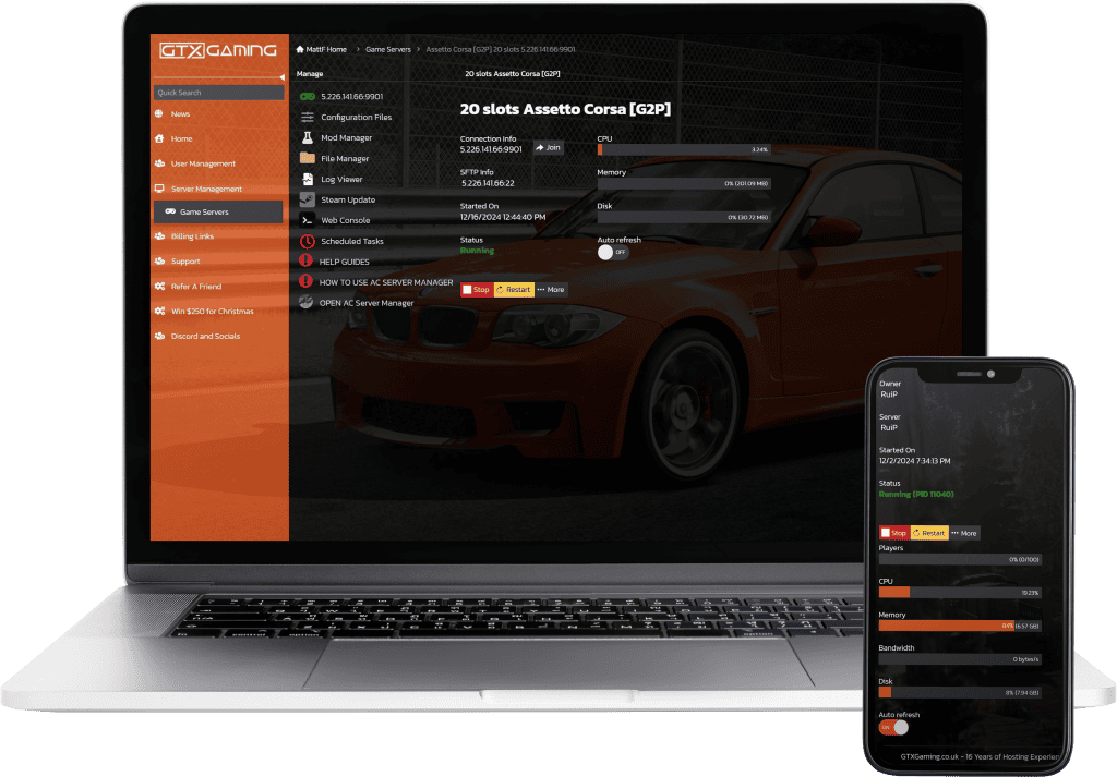 assetto corsa hosting control panel mockup with a laptop and mobile