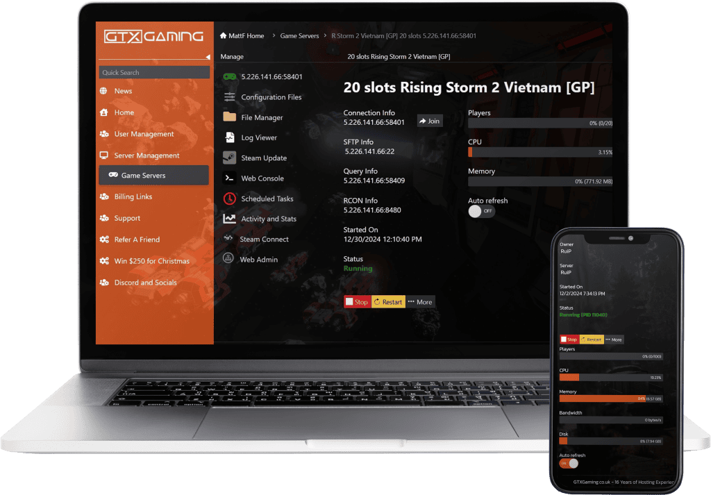 rising storm 2 hosting control panel mockup with a laptop and mobile.