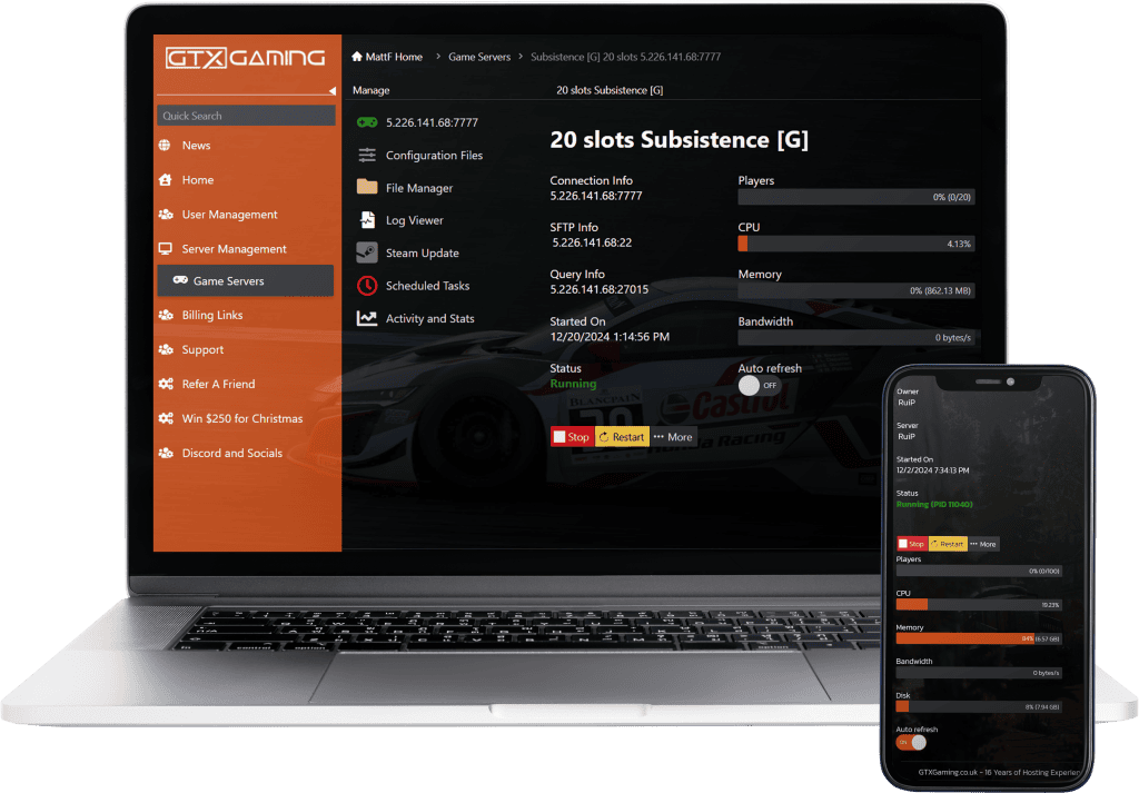 subsistence hosting control panel mockup with a laptop and mobile.