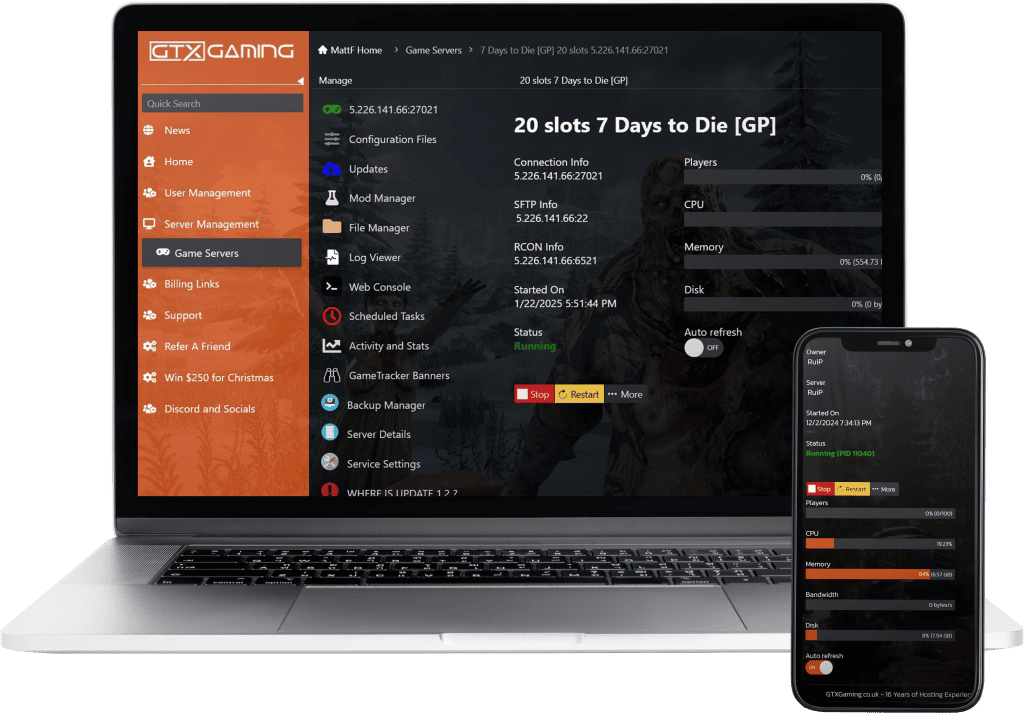 7 Days To Die hosting control panel mockup with a laptop and mobile.