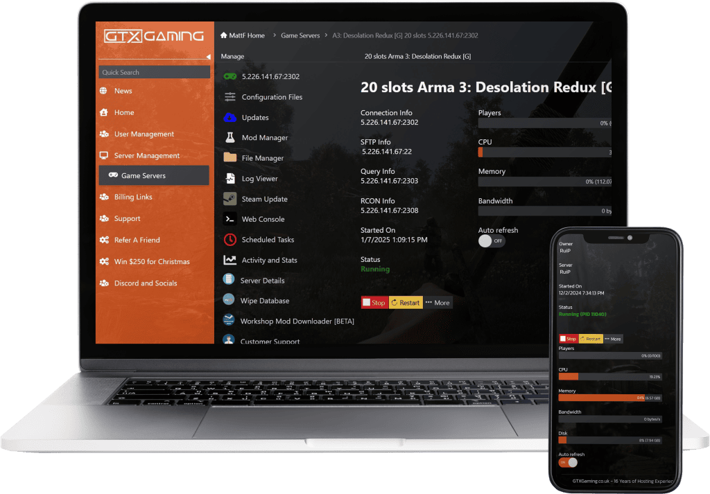 Arma 3 Desolation Redux hosting control panel mockup with a laptop and mobile.