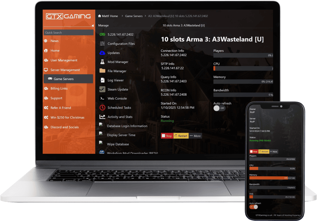 Arma 3 Wasteland hosting control panel mockup with a laptop and mobile.