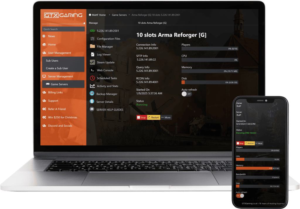 Arma Reforger control panel mockup shown on laptop and mobile.