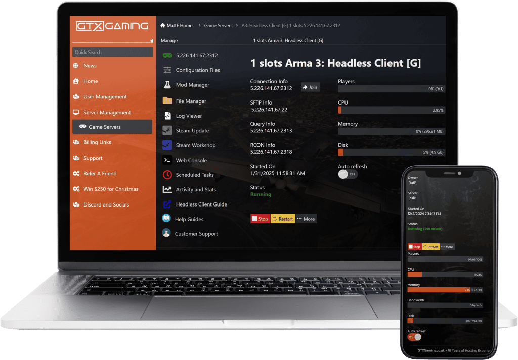 Arma3 Headless Client hosting control panel mockup with a laptop and mobile.