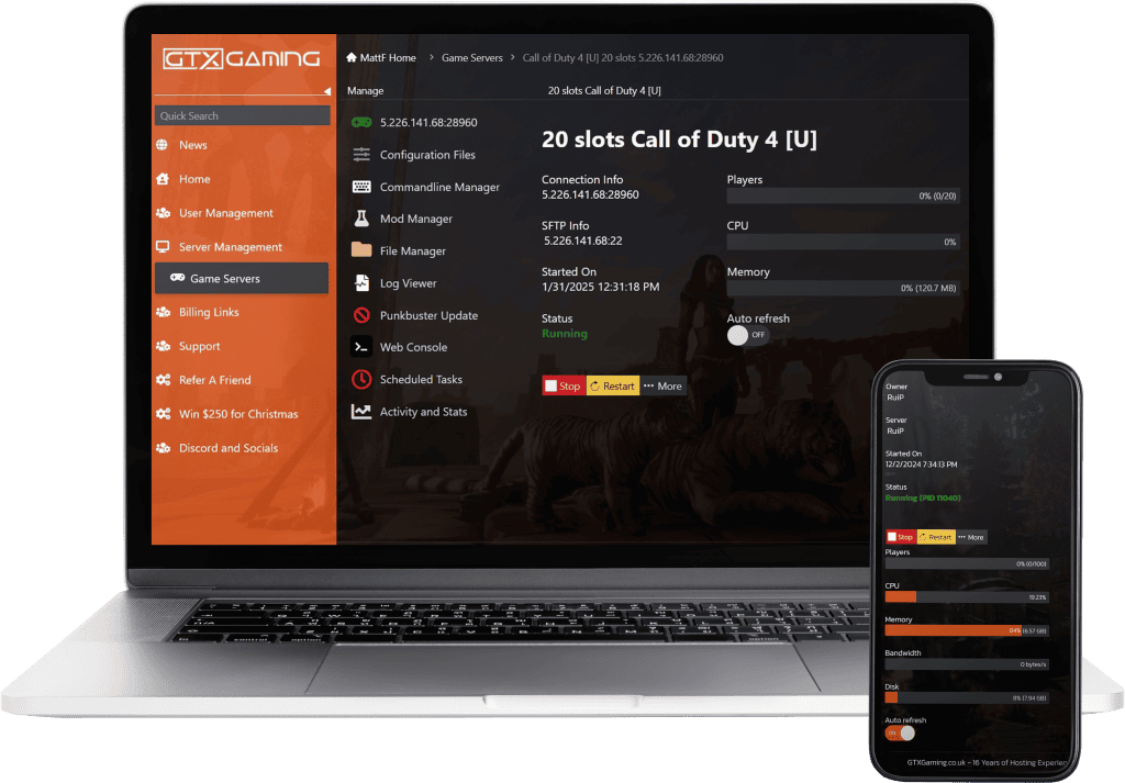 Call Of Duty 4 hosting control panel mockup with a laptop and mobile.