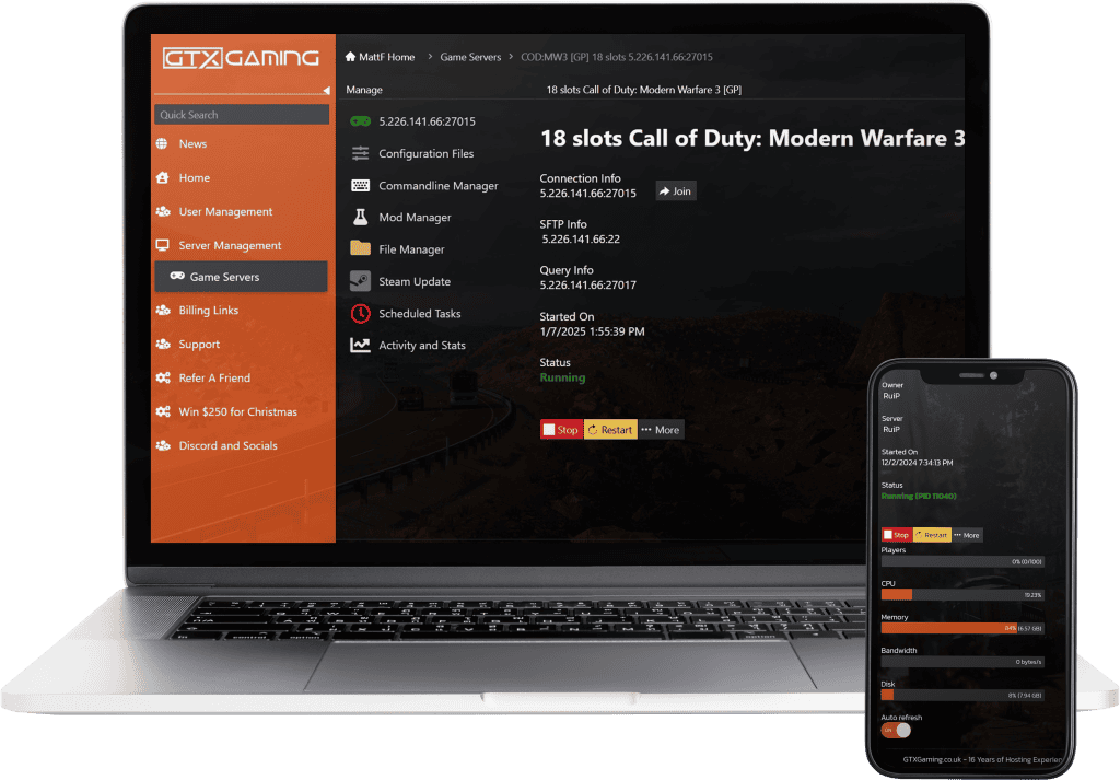 Call of Duty Modern Warfare 3 hosting control panel mockup with a laptop and mobile.