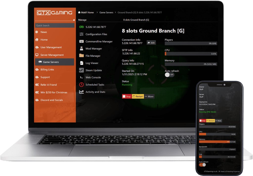 Ground Branch hosting control panel mockup with a laptop and mobile.