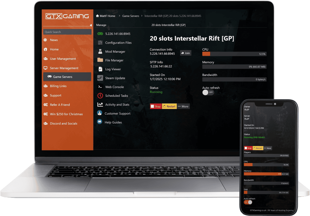 Interstellar Rift hosting control panel mockup with a laptop and mobile.