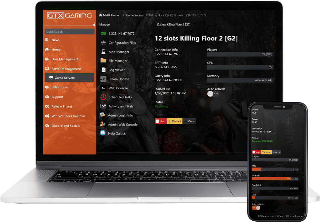 Killing Floor 2 hosting control panel mockup with a laptop and mobile.