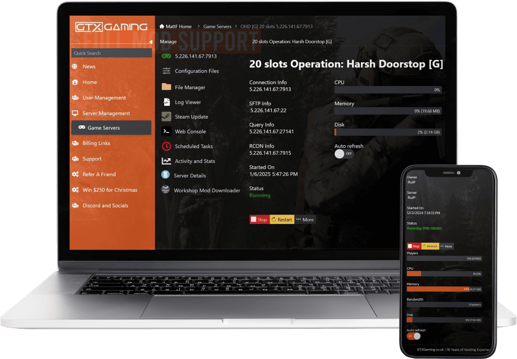 Operation Harsh Doorstop hosting control panel mockup with a laptop and mobile.