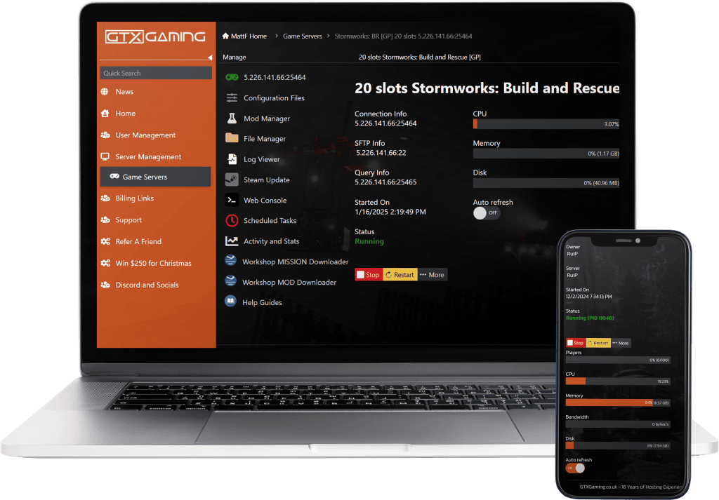 Stormworks Build and Rescue hosting control panel mockup with a laptop and mobile.