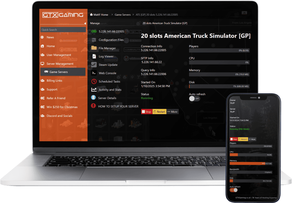 american truck simulator hosting control panel mockup with a laptop and mobile.