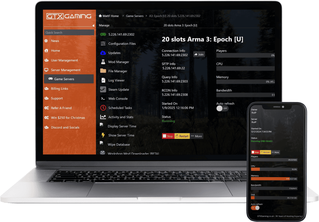 arma 3 epoch hosting control panel mockup with a laptop and mobile.