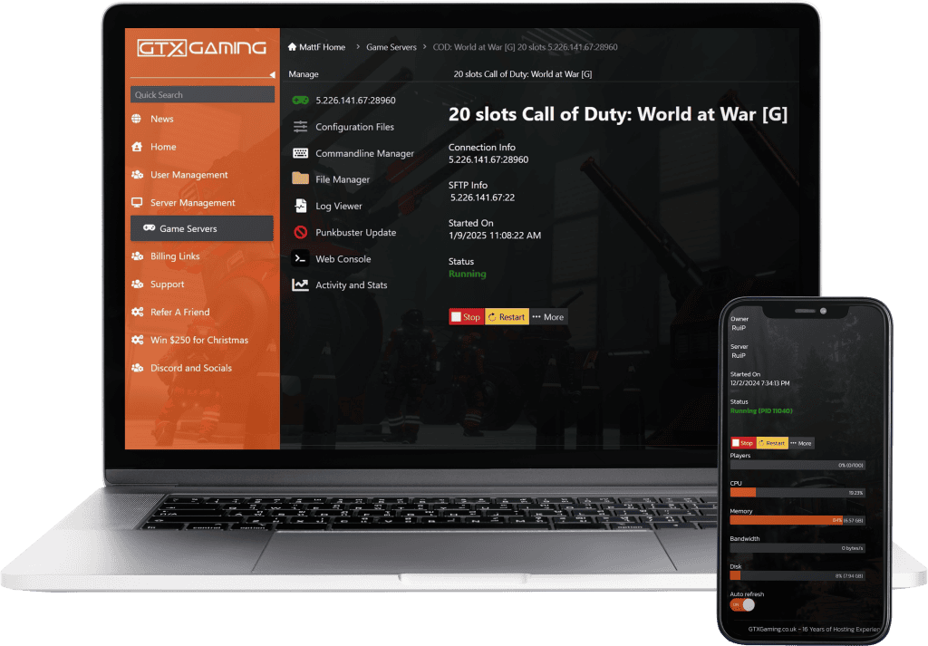 call of duty world at war hosting control panel mockup with a laptop and mobile.