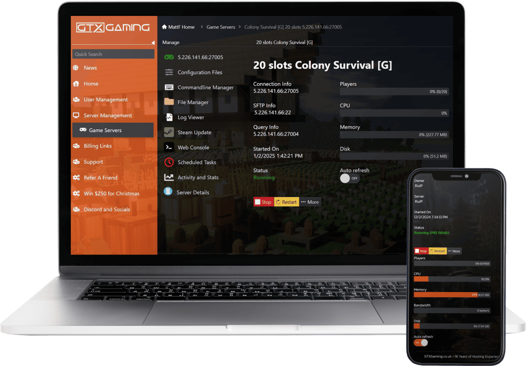 colony survival hosting control panel mockup with a laptop and mobile.