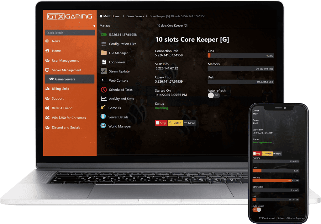 core keeper hosting control panel mockup with a laptop and mobile.