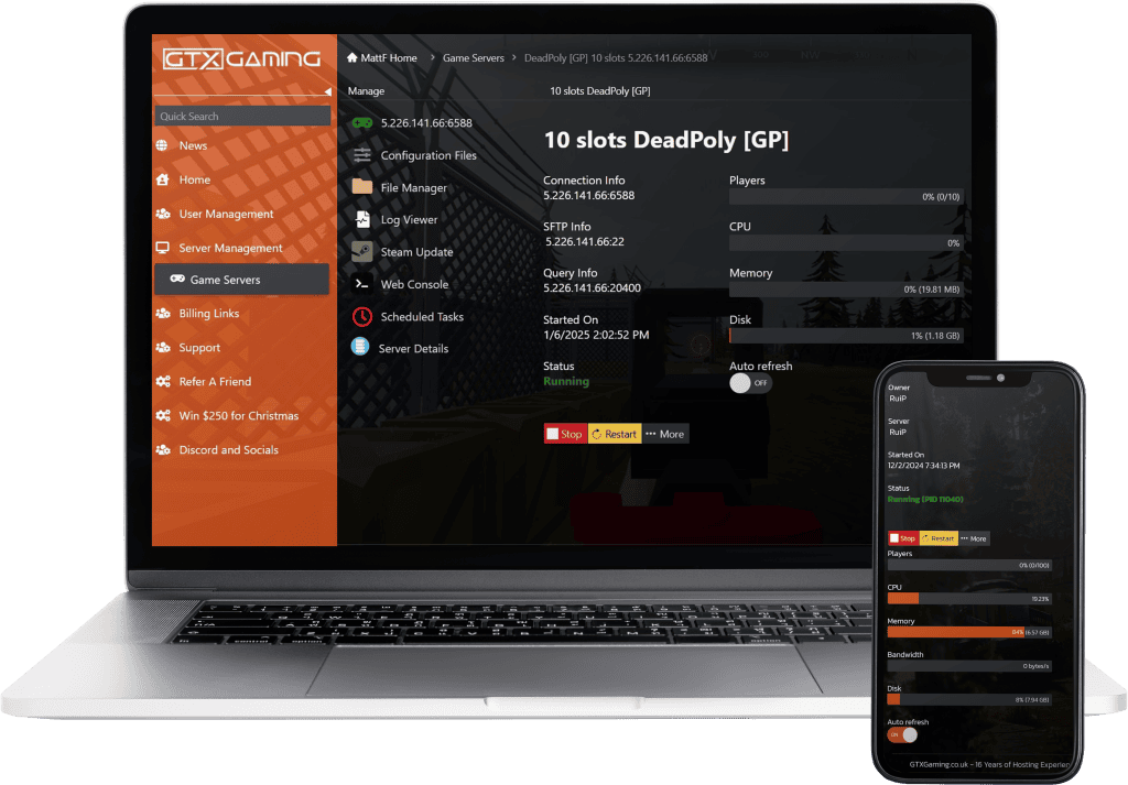 deadpoly hosting control panel mockup with a laptop and mobile.