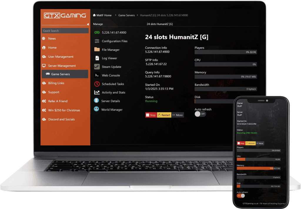 humanitz hosting control panel mockup with a laptop and mobile.