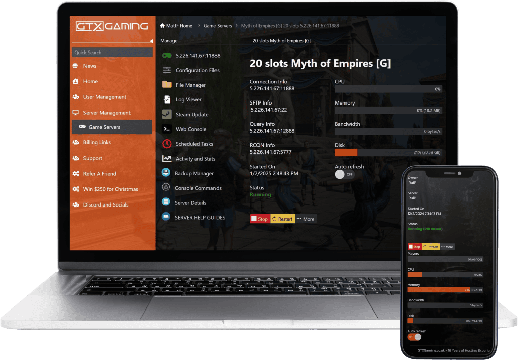 myth of empires hosting control panel mockup with a laptop and mobile.