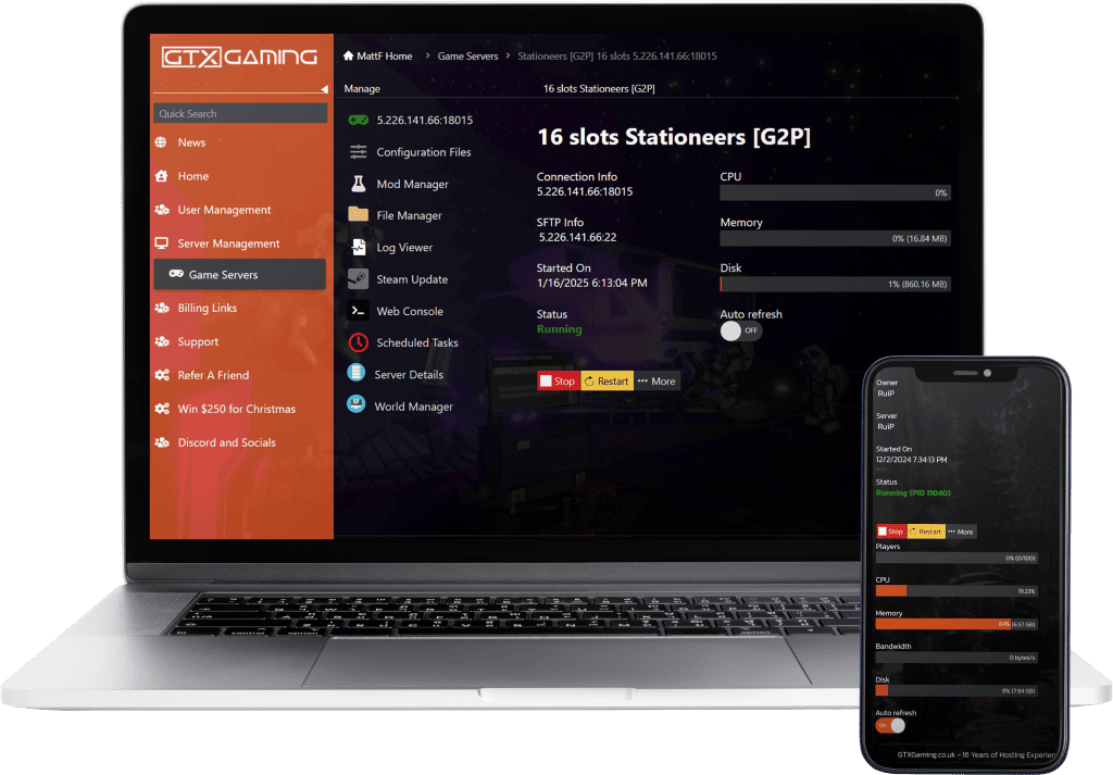 stationeers hosting control panel mockup with a laptop and mobile.