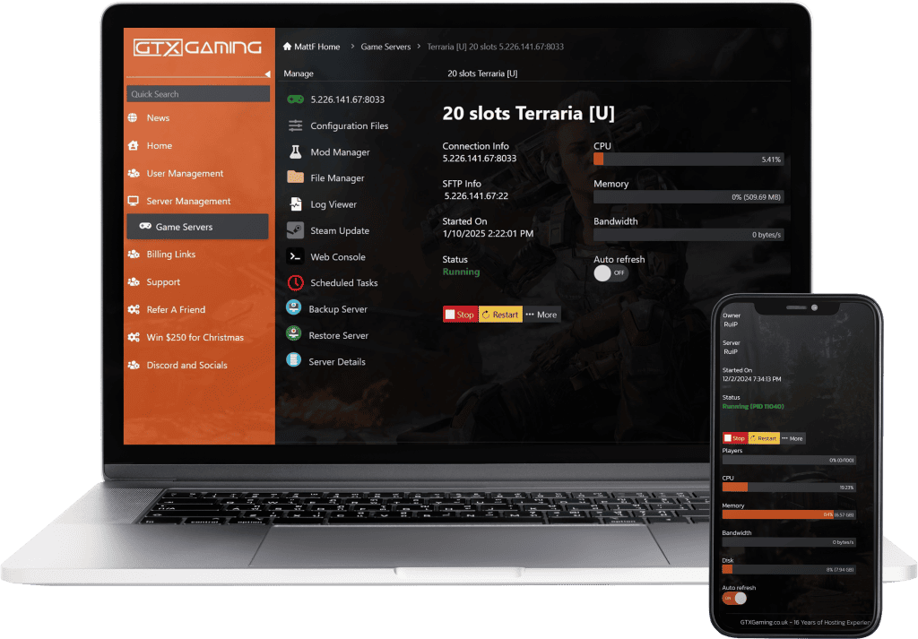 terraria hosting control panel mockup with a laptop and mobile.