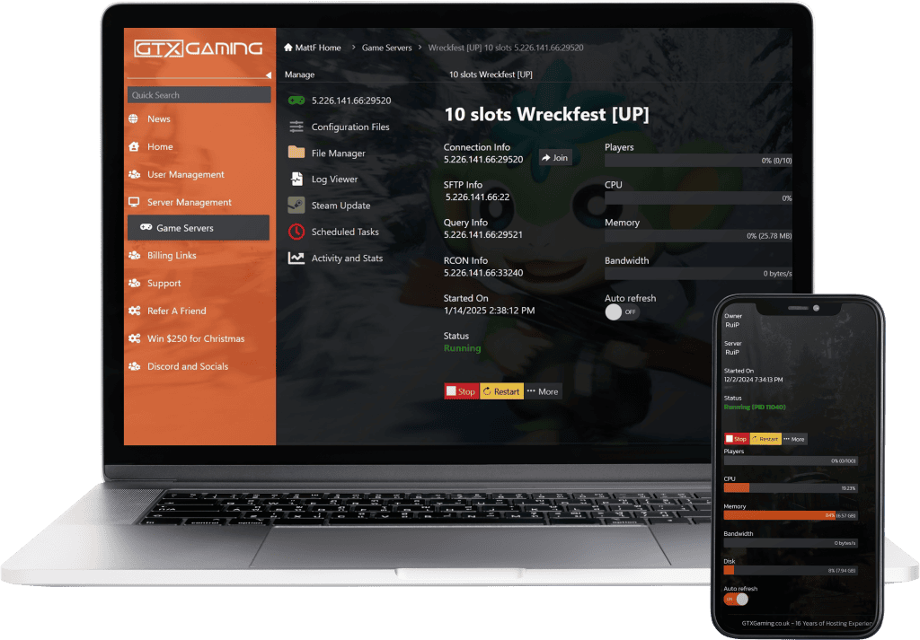 wreckfest hosting control panel mockup with a laptop and mobile.