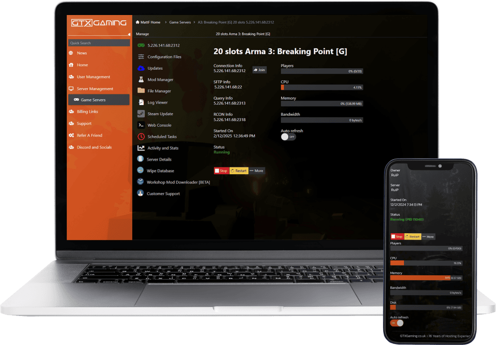 Arma3 Breaking Point hosting control panel mockup with a laptop and mobile.