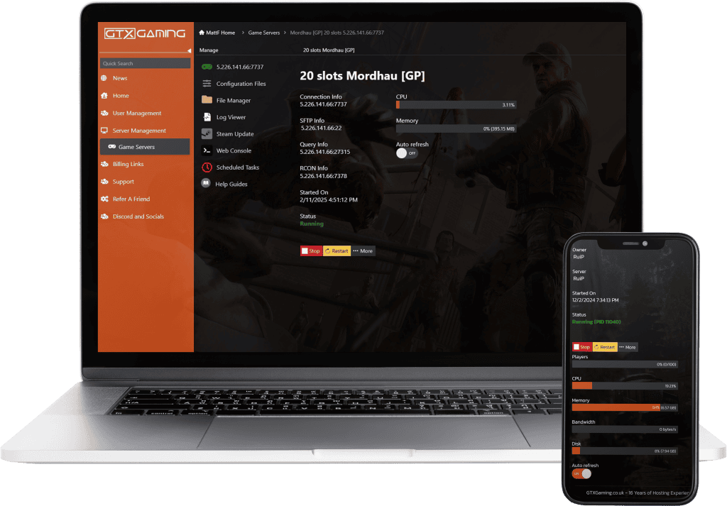 Mordhau hosting control panel mockup with a laptop and mobile.