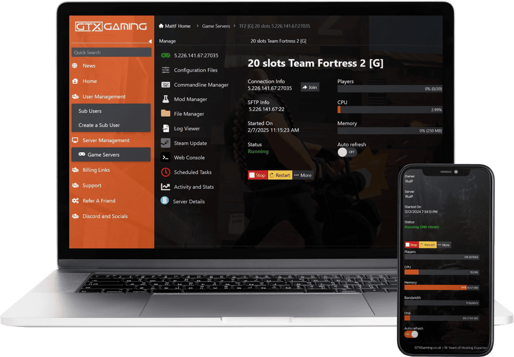 Team Fortress 2 hosting control panel mockup with a laptop and mobile.