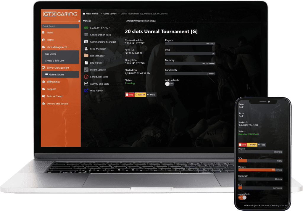 Unreal Tournament 99 hosting control panel mockup with a laptop and mobile.